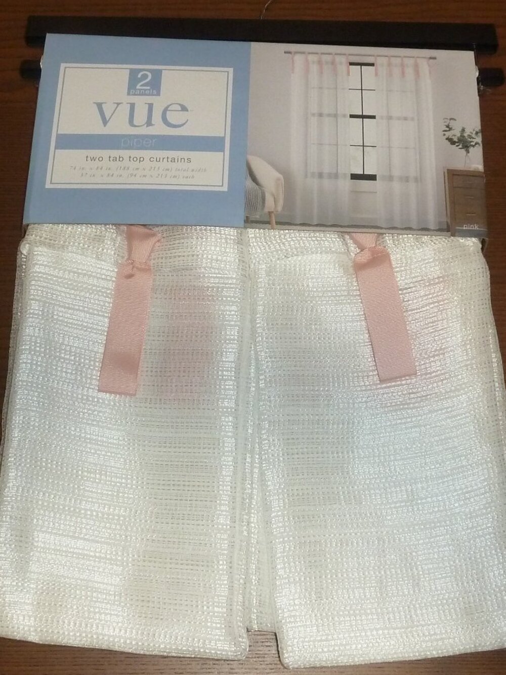 VUE 2 PANELS PIPER TWO TAB TOP SHEER CURTAINS BABY ROOM PINK RIBBON 74"X84"